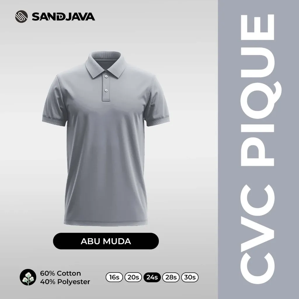 Pre-Order Polo Shirt Abu Muda - CVC Pique 24s | Min Order 12 pcs (S, Lengan Pendek, Manset)